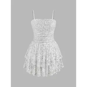 Women's Sequin Square Neck Solid Layered Ruched Mini Dress (Sizes 0-26)