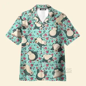 Snorlax Hawaiian Shirt | Sleeping Snorlax & Tropical Flowers Print Summer Short Sleeve Button Down Shirt