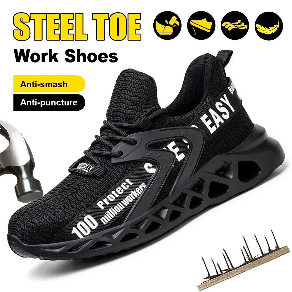 Men's Steel Toe Safety Shoes - Lightweight, Breathable, Soft Sole, Anti-Smash Industrial Work Boots, Safety Outdoor Shoes for 2 Key Working Scenarios