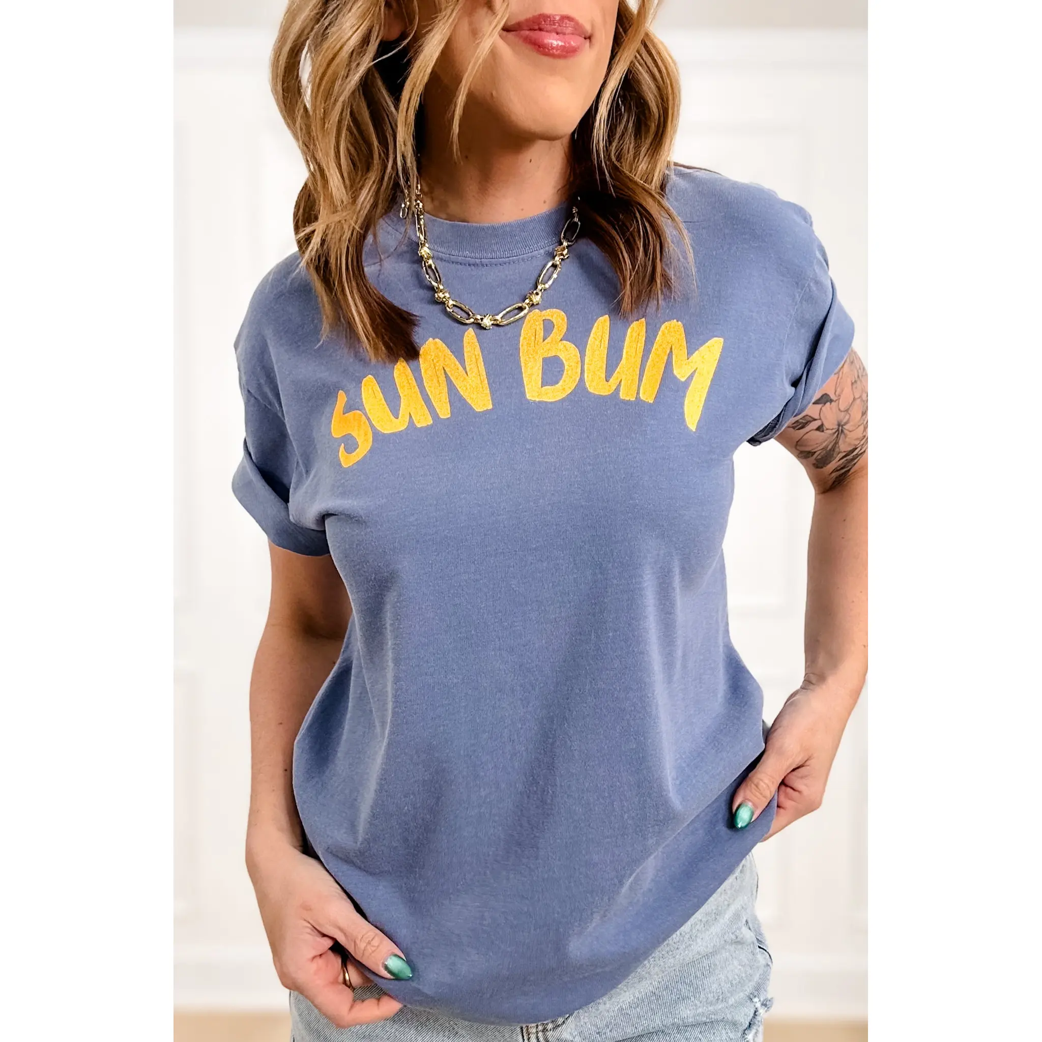 Plus/Reg Short Sleeve Denim Blue "Sun Bum" Graphic Tee