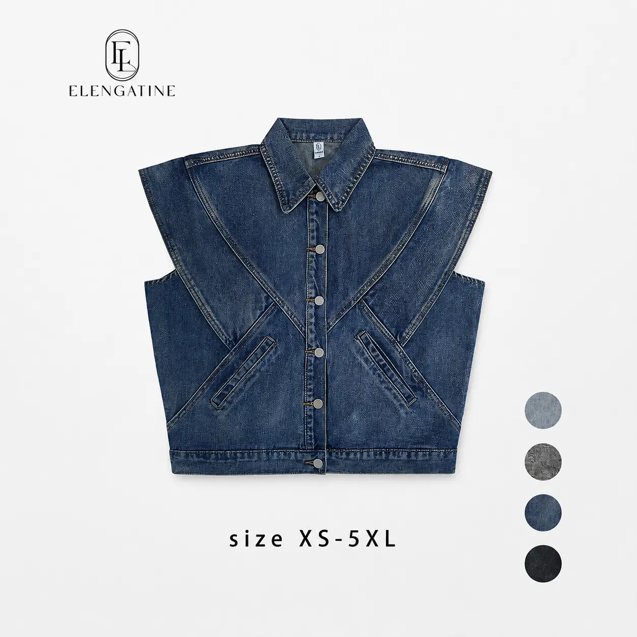 Women's Collared Vintage Bohemian Denim Sleeveless Blazer Vest - Plussize Basic Minimalist Clothes, Wide Shoulders, Slit Pockets, Button-Front Closure, Fitted Chic Style for Casual Winter-Summer Wear