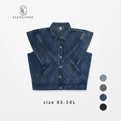 EL ELENGATINE Women's Collared Layer-Ready Denim Sleeveless Blazer Vest - Plus Size Fashion, Wide Shoulders, Round Slit Pockets, Button Front Closure, Fitted Chic Minimalist, for School & Winter Wear