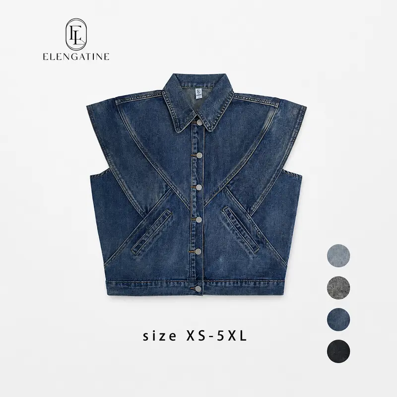 EL ELENGATINE Women's Collared Layer-Ready Denim Sleeveless Blazer Vest - Plus Size Fashion, Wide Shoulders, Round Slit Pockets, Button Front Closure, Fitted Chic Minimalist, for School & Winter Wear