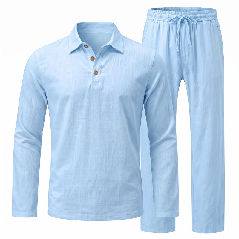 Men’s Linen Beach Two Piece Set, Casual Long Sleeve Button Down Shirt and Loose Long Pants Set, Lightweight Breathable Summer Outfit, Relaxed Fit Drawstring Loungewear for Vacation Travel Resort Daily Wear Comfortable Stylish