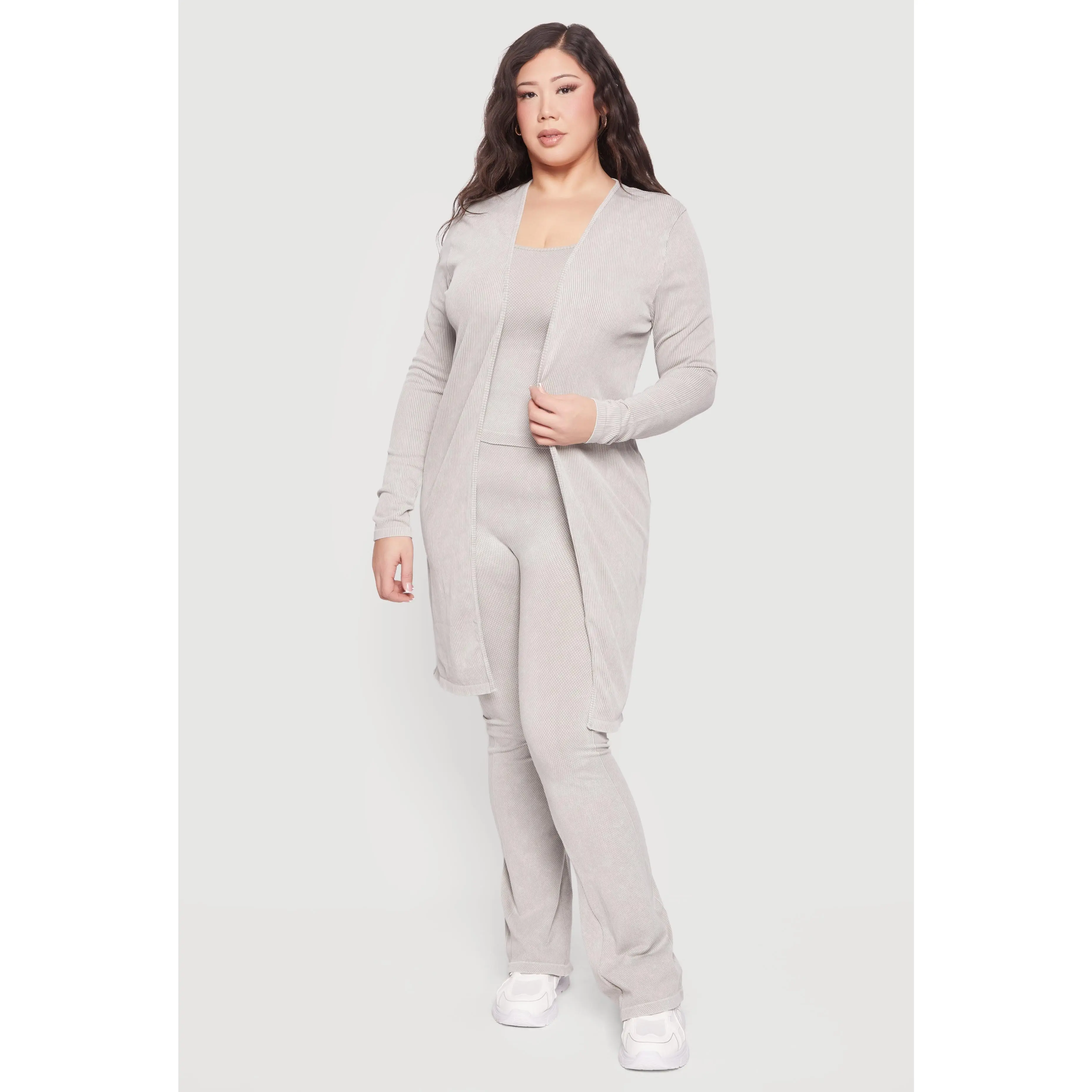 Plus Size Acid Wash Rib Knit Tank Top and Open Front Duster