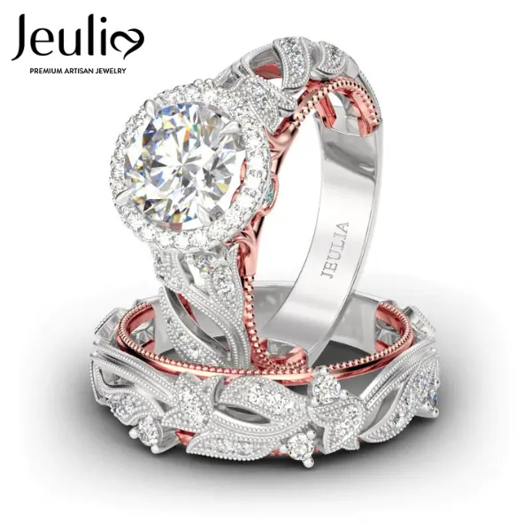 Jeulia 4 Carat Openwork 925 Sterling Silver Bridal Wedding Set - Rose Gold Round Cut Halo Engagement Promise Rings for Women, White CZ Solitaire Band, Elegant Ring Anniversary Gift