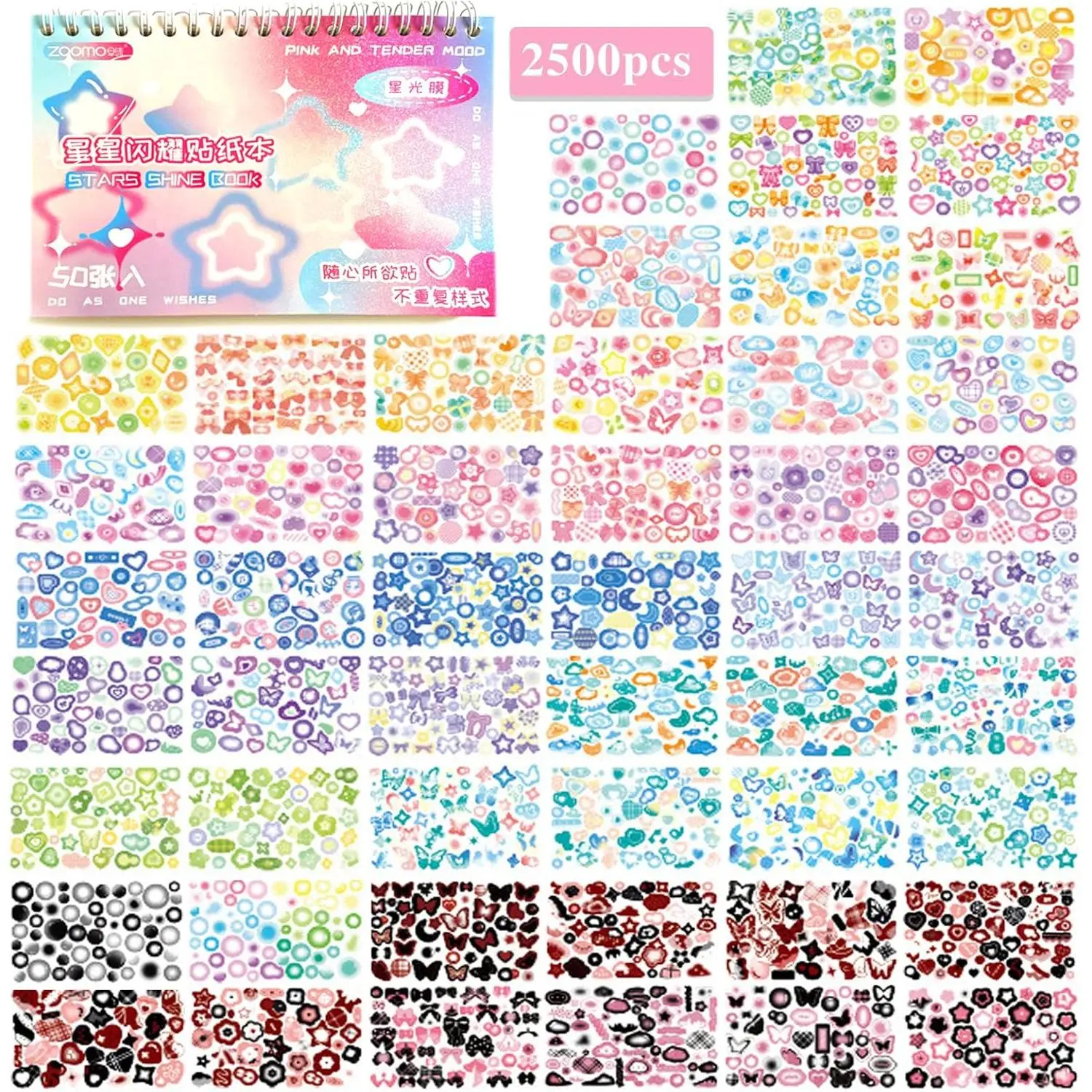 2500 count Kpop Photocard Stickers Book - Glitter, Butterfly, Heart, Ribbons Deco Stickers for , Girls, Boys