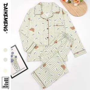 Women's Light Green Gingham Teddy Bear Print Pajama Set, Long Sleeve Button-Down Shirt with Contrast Trim & Elastic Waist Pants, Soft Loungewear, All-Season Sleepwear