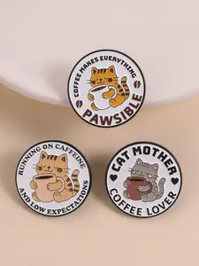 Coffee Cat Theme Enamel Round Hearts Pin Set (3 Pieces), Cute Cartoon Pins for Coffee Lovers, Perfect Accessories for Z Generation & Casual Wear, Fashion Accessory