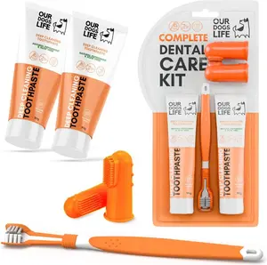 Dog Dental Care Kit five-piece set with Toothbrush, Toothpaste & Finger Brushes - 1 Triple-Head Deep Cleaning Dog Toothbrush, two 100% Natural 90g Toothpastes, two Finger Brushes - Freshens Breath, Removes Plaque