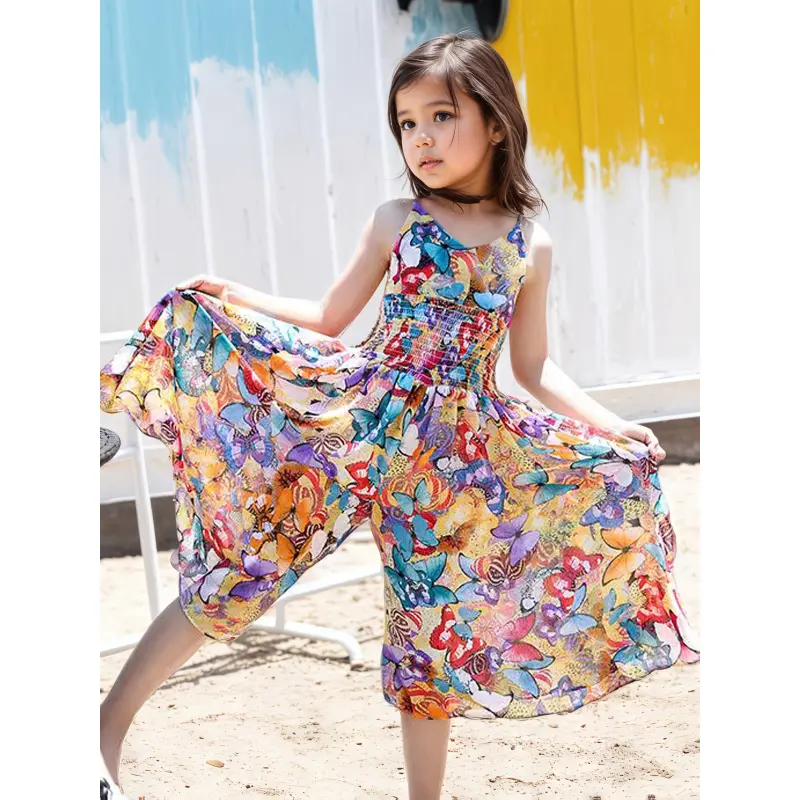 Girls' Sleeveless Wide-Leg Romper with Vibrant Butterfly Print, Lightweight Polyester Outfit for Spring & Summer Beachwear, 11-12Y, Fashion Top, Wide-Leg Cut, Mixed Color