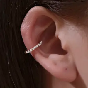Unisex Single Row Cubic Zirconia Ear Cuff Non Piercing – 14K Gold Plated C-Shaped Clip On Earrings | Hypoallergenic Copper Cartilage Fake Piercing Jewelry