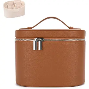 Leather Make Up Bags With Compartments, Brown travel Cosmetic Bags for Women, Parallel Makeup Travel Bags Organizer Equipped With a Detachable Divider