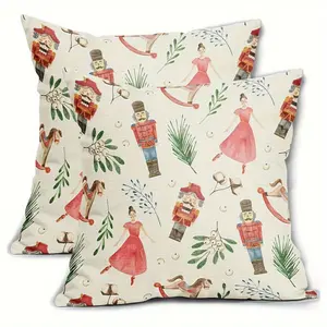 2pcs Linen Christmas Nutcracker Pink Pillow Covers, Winter Holiday Rustic Decorative Throw Pillow Cases, Outdoor Vintage Farmhouse Cushion Covers, Xmas Decoration Gift for Sofa, Couch, Bed Decor, 16x16, 18x18, 20x20 (Pillow Inserts Not Included)