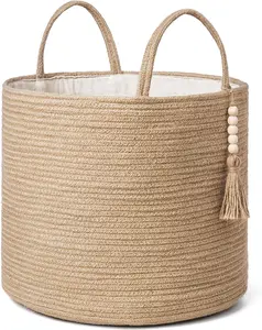 Woven Decorative Natural Rope Storage Basket with Wooden Bead Decoration, Jute Organizer Bin with Handles for Blankets, Toys, Clothes, Shoes, Plant, Home Storage Decor for Living Room, 16" W * 13.8"L