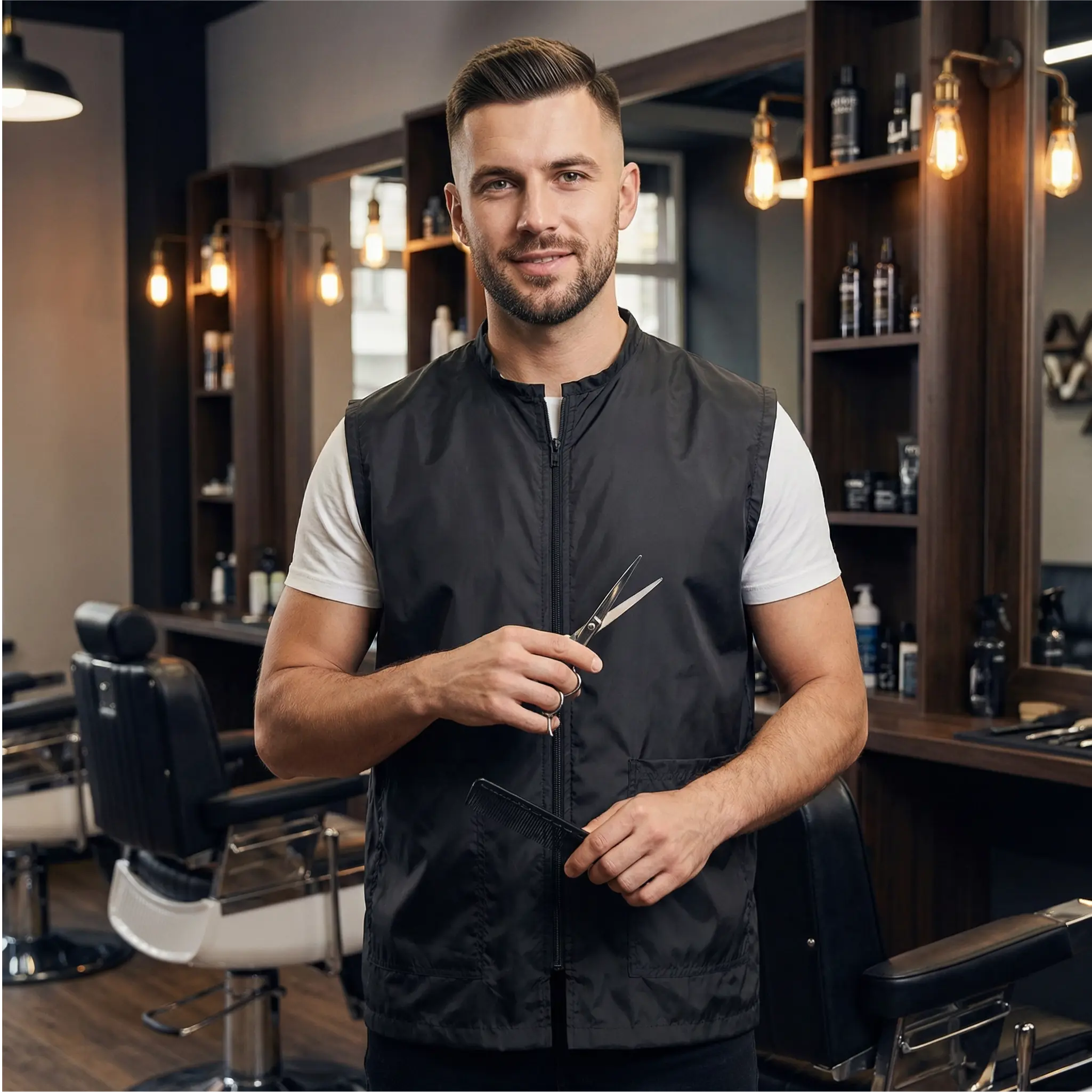 Women's Sleeveless Polyester Smock Vest Tops - Regale Barber Supply Professional Hair-Repellent Workwear with Zipper, Fabric Pockets