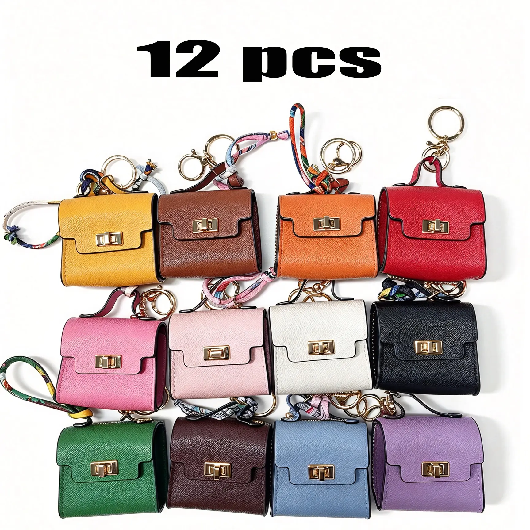 12pcs Mini Square Bag Pendant Keychain - Premium Leather with Colorful Strap, Cute Car Keychain & Bag Charm, Bluetooth Earphone Storage Bag, Ideal Christmas Gift, Graduation, Mother's Day, Valentine's Day, Children's Day Exchange Gift, Birthday Gift.