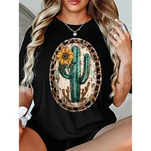 Vintage Western Turquoise Teal Cactus Sunflower Leopard T-Shirt Top Womenswear