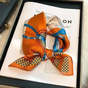 100% Silk Scarf Orange with Horse Design and Blue Accents 20.8”x20.8”