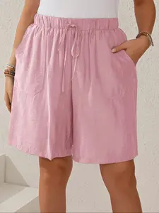 Plus Size Women's Textured Striped Elastic Waist Adjustable Drawstring Pocket Loose Fit Straight Leg Shorts Bottom, Casual Summer Fashion Pants Womenswear