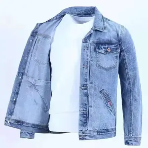 Button Pocket Men's Denim Jacket Autumn Winter Oversize Y2k Long Sleeve Jean Coat Size L Outwear Clothing New Arrival