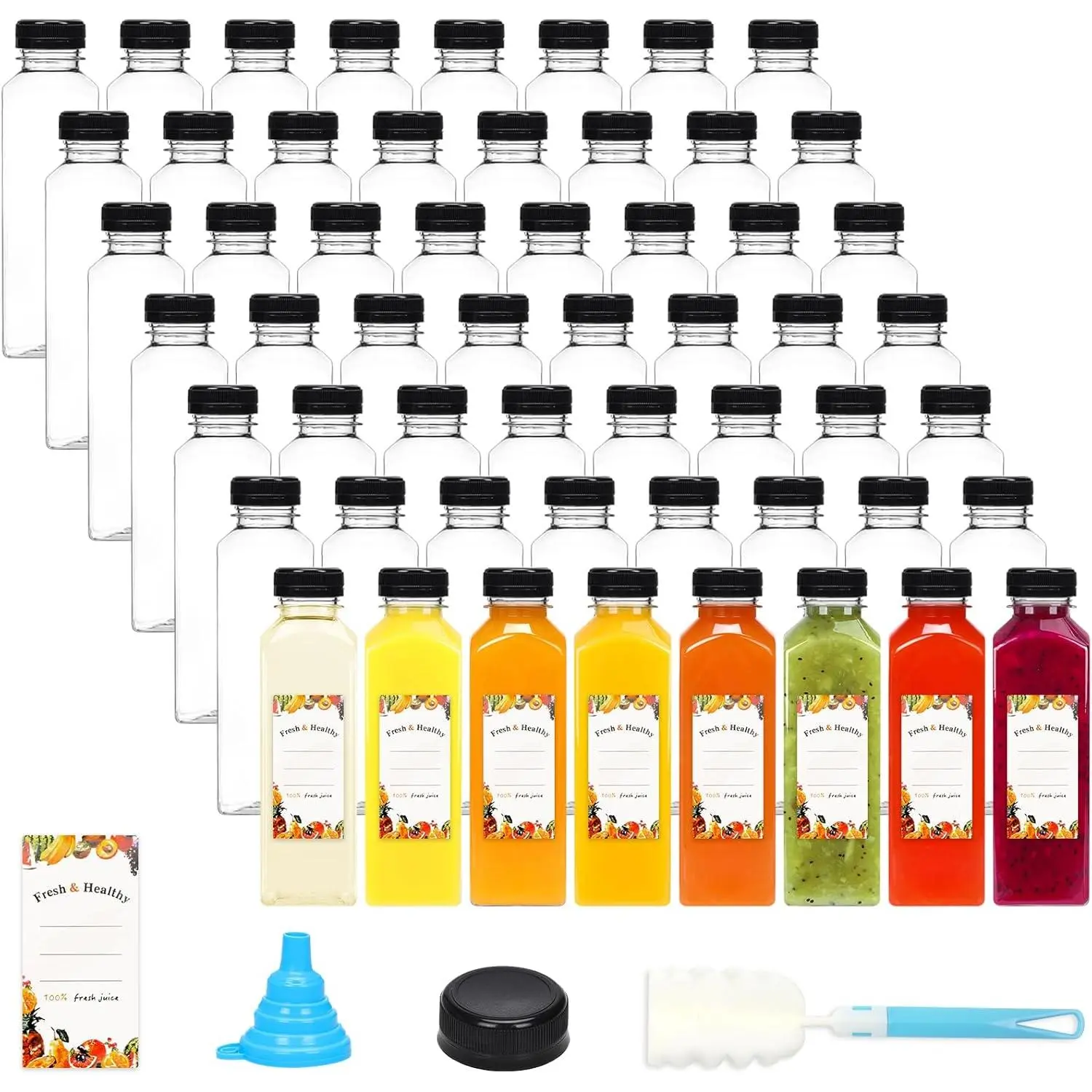 56 count 16oz Plastic Juice Bottles with Caps, Clear Empty  Containers with Brush Funnel and Labels for Coffee Smoothies Ginger and Other Beverages