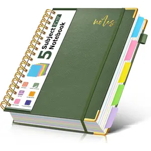 5 Subject Spiral Notebook Journal with Removable Dividers Tabs, 300 Pages Organizer Notebooks for Work School, 8"x10" Hardcover Leather College Ruled Large Lined Journal for Women Men, Green