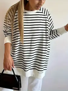 Black striped raglan sleeve side-slit loose sweatshirt