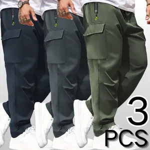 Men's 3-Pack Lightweight Cargo Pants with Elastic Drawstring Waist Zipper Pockets & Large Patch Pockets Comfortable Breathable for Outdoor & Daily Casual Wear - Fabric Menswear Activewear
