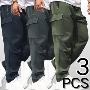Men's 3-Pack Lightweight Cargo Pants with Elastic Drawstring Waist Zipper Pockets & Large Patch Pockets Comfortable Breathable for Outdoor & Daily Casual Wear - Fabric Menswear Activewear SpringStatements