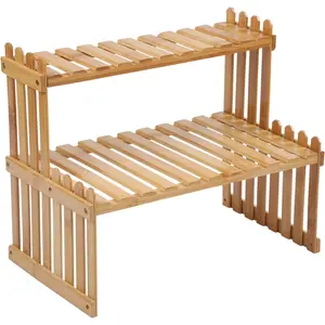 2 Tiers Bamboo Plant Stand Shelf Desk Flowerpot Holder Adjustable Desktop Organizer Ladder Rack for Office Decor Storage Kitchen Rack 14.6" Length Stair-Step Style Design