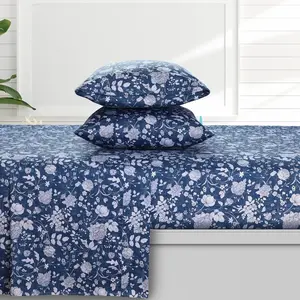 Queen 300 Thread Count Organic Cotton Deep Pocket Printed Sheet Set Kate Dark Blue - Azores Home