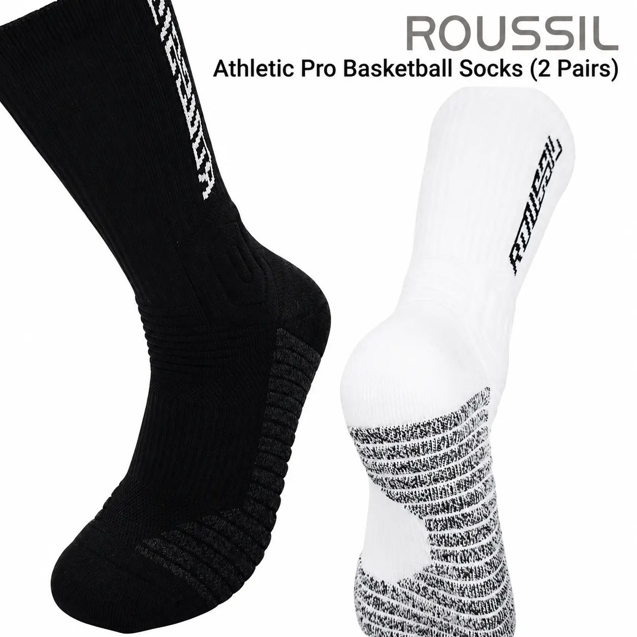 ROUSSIL Athletic Pro Cushioned Crew Basketball Socks - Ankle & Arch Support, Moisture Wicking Performance Socks for Men & Women, 2 Pairs (Black/White)