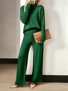 Women's High Neck Knit Top Set, Loose Fit Fashionable Casual Long Sleeve Sweater and Pants, Spring Summer Fall Winter Essentials