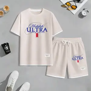 Men's Fitness Beer Print Waffle Fabric Short-Sleeved Shirt And Shorts Set