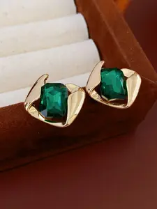 Elegant Metal Ring Cut Design, Deep Simulated Emerald Crystal, Geometric Ear Studs & Necklace Set, Perfect for Commuting, Dates, Dinners
