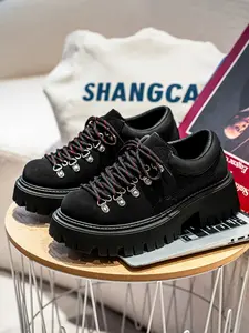 Thick Sole Height-Boosting Derby Shoes, Casual Patchwork Design, PU Leather Upper, Hidden Wedge Heel, All Seasons Footwear