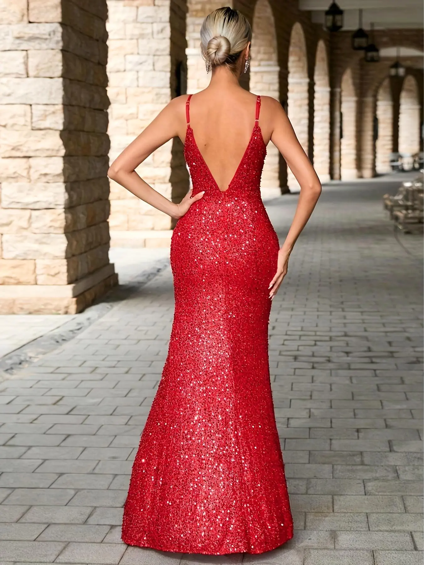 Women's Glitter Sequins Deep V Neck Fish Tail Dress, Elegant Sleeveless Split Slit Long Formal Party Gown, Formal Evening Attire, Ladies Clothes for Cocktail Prom Evening Party Formal Wear, Womenswear