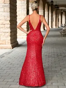 Women's Glitter Sequins Deep V Neck Fish Tail Dress, Elegant Sleeveless Split Long Formal Party Gown, Ladies Clothes for Cocktail Prom Evening Party Formal Wear