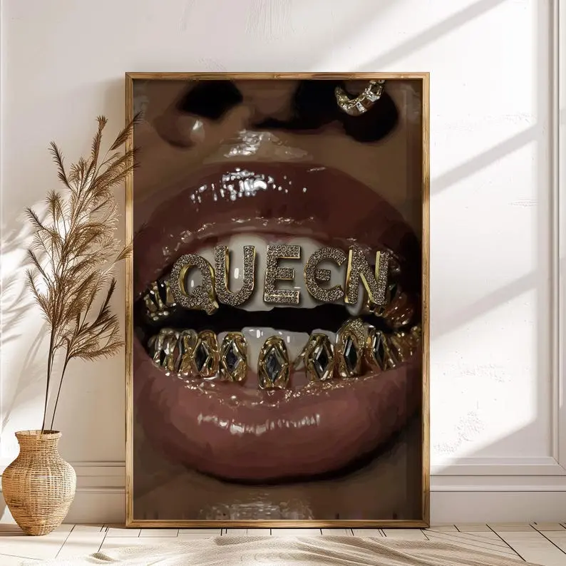Queen Grillz Lips Poster, Urban Elegance Wall Art, Black Woman Power Print
