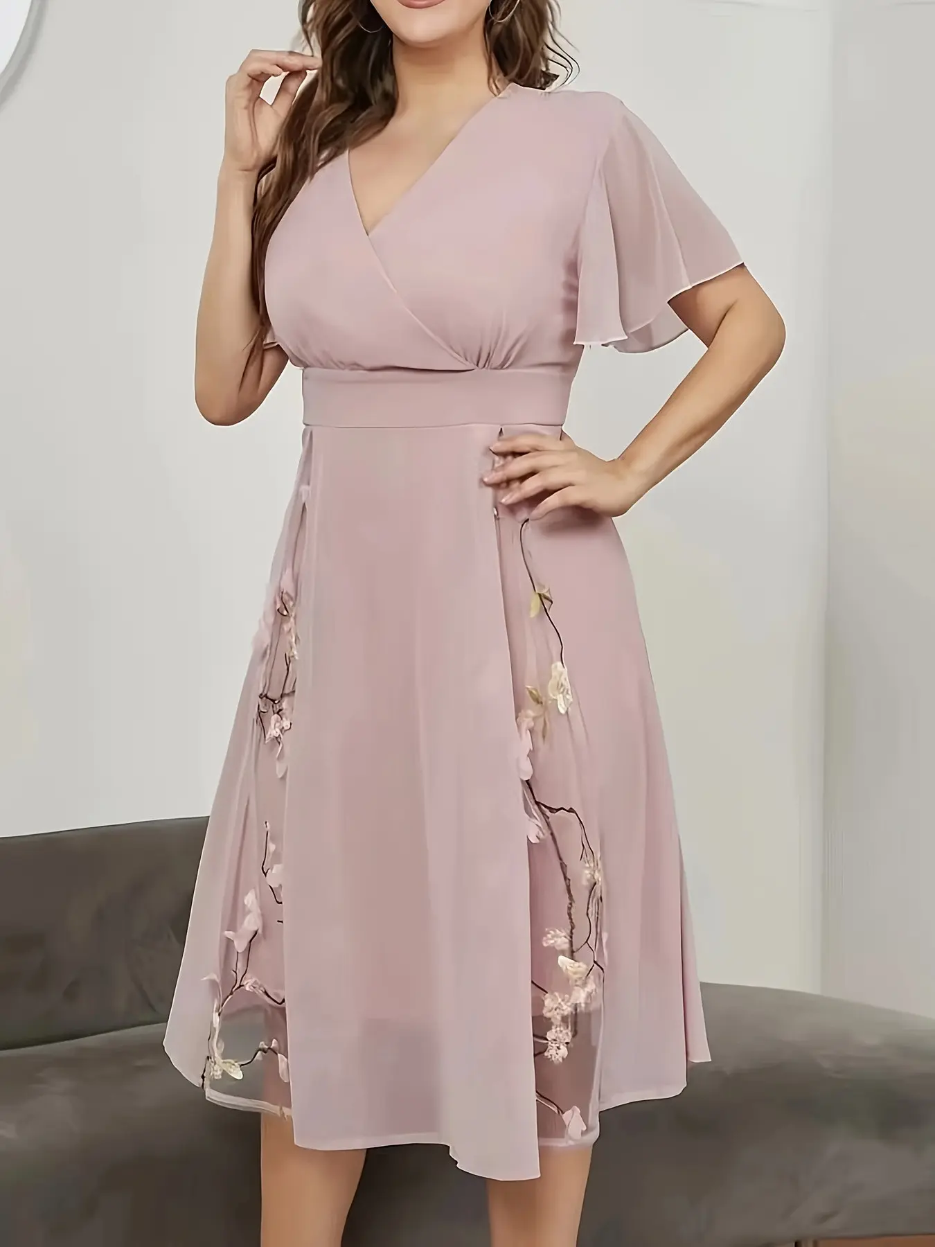 P030v Directional Neckline Ruffle Sleeve Embroidered Womenswear Dress, Feminine Elegant Floral Embroidery Design, Perfect for Special Occasions, Unique Style, Summer