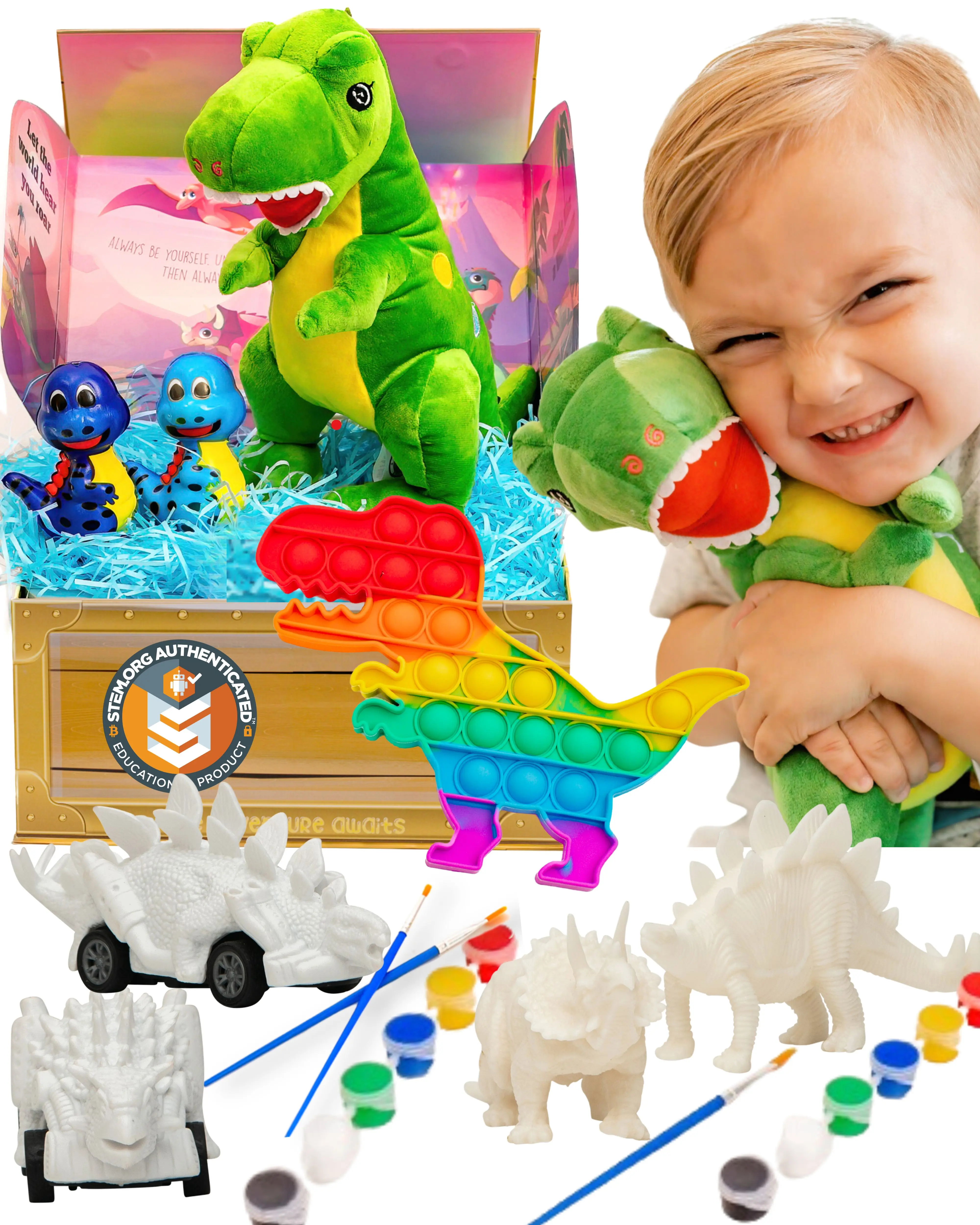 STEM-Accredited Dinosaur Giftset - A Surprise Gift for Boys Complete w/T-Rex Dinosaur Plush, Dinosaur Pullback Cars, Dinosaur Painting Kit, Squishies, Pop It & More