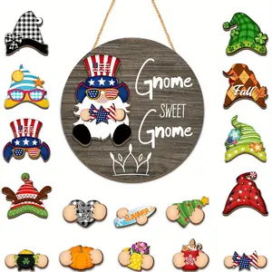 1 Set Gnome Wooden Decorative Plaque & Ornament Welcome Round Door Hanger Interchangeable Seasonal Decor Suitable for Homes, Offices & Cafes Decoration for Thanksgiving, Halloween & Christmas