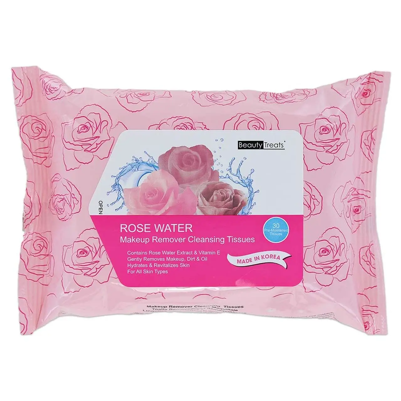 Beauty Treats Rose Water Cosmetic Remover Tissues - Waterproof Makeup & Oil Remover, Soothing Hydrating Moisturizer with Vitamin E, All Skin Types, 30 Count Single Item, Makeup Remover Tissues