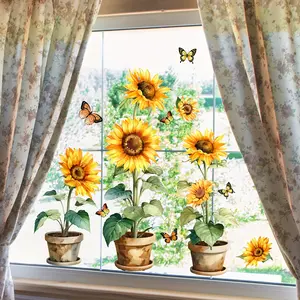 A (30*60cm) sunflower potted plant static glass sticker, double-sided visible, 20 threads, self-adhesive for bedroom and balcony, Removable Window Decal, DJ2089-KN
