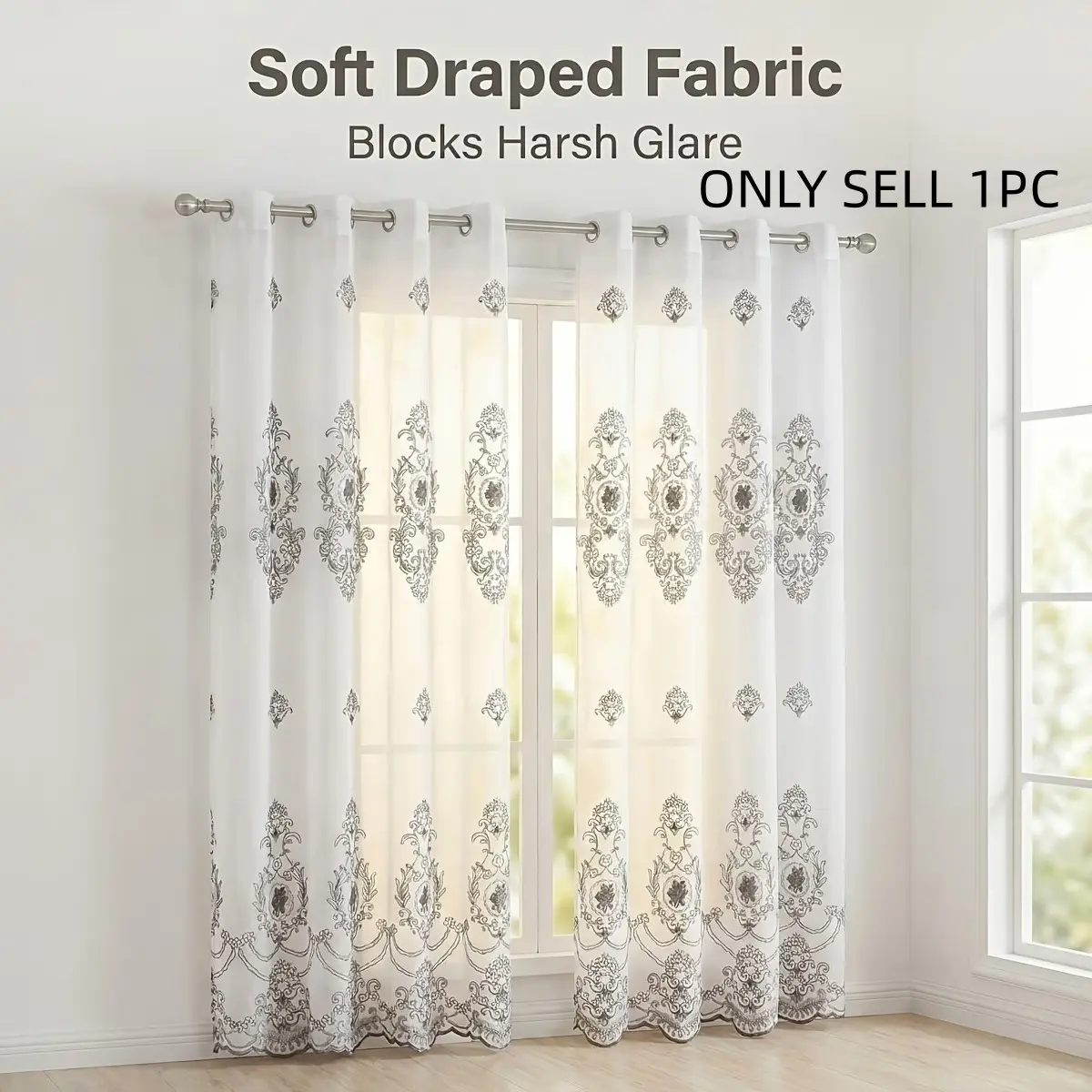 1pc Elegant Embroidered Sheer Curtain, Soft Translucent Feel, European Style Intricate Embroidery, Light-Transmitting Privacy, Modern Luxury Apartment Decor