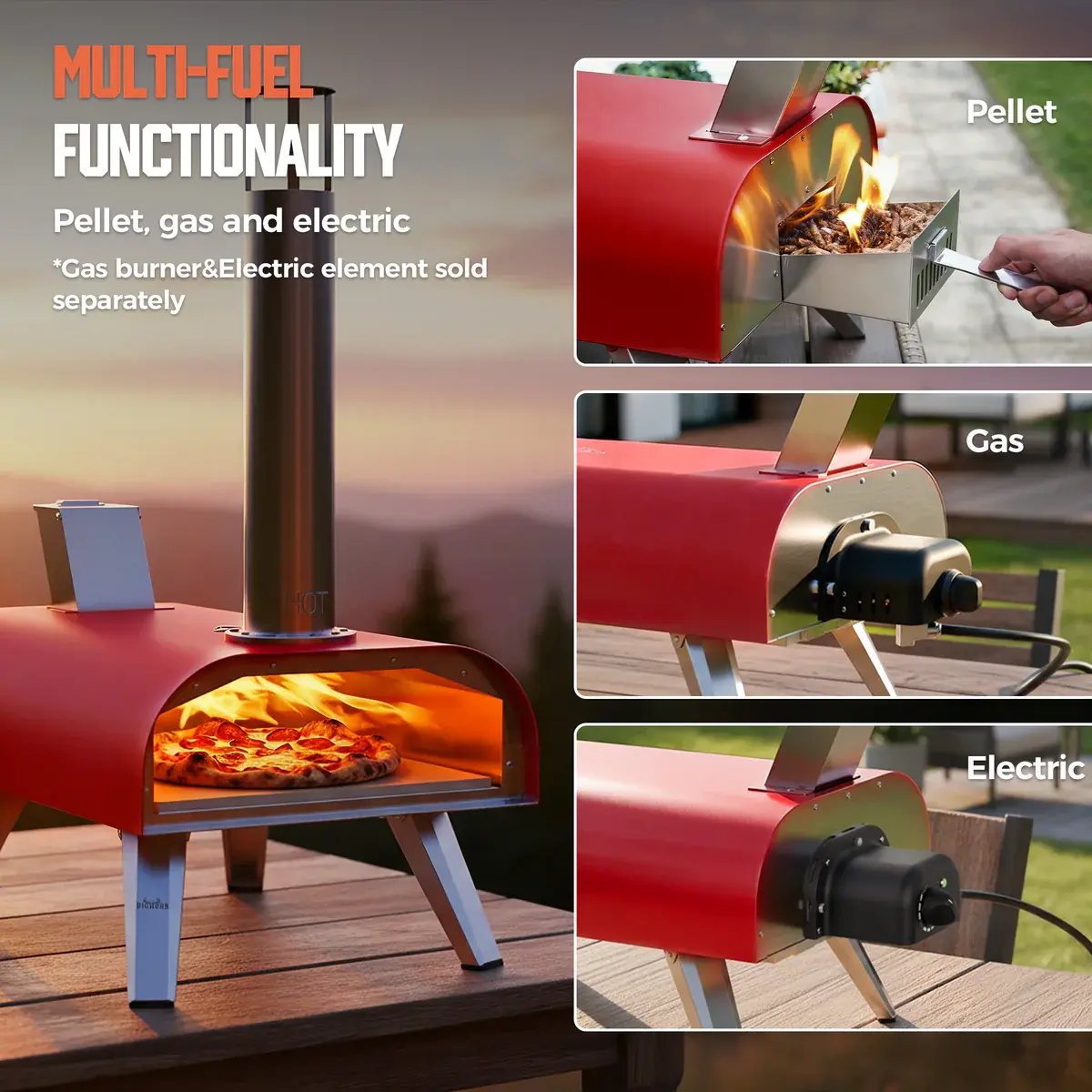 BIG HORN OUTDOORS 12" Triple-Fuel Pizza Oven - Outdoor Cooking Equipment for Game Day Watch Parties, Wood Pellet-Gas-Electric (Gas Burner & Electric Heater Accessories Sold Separately), Party, Wood Pellets, Poker, Removable Trays, Easy Storage, Easy Use &