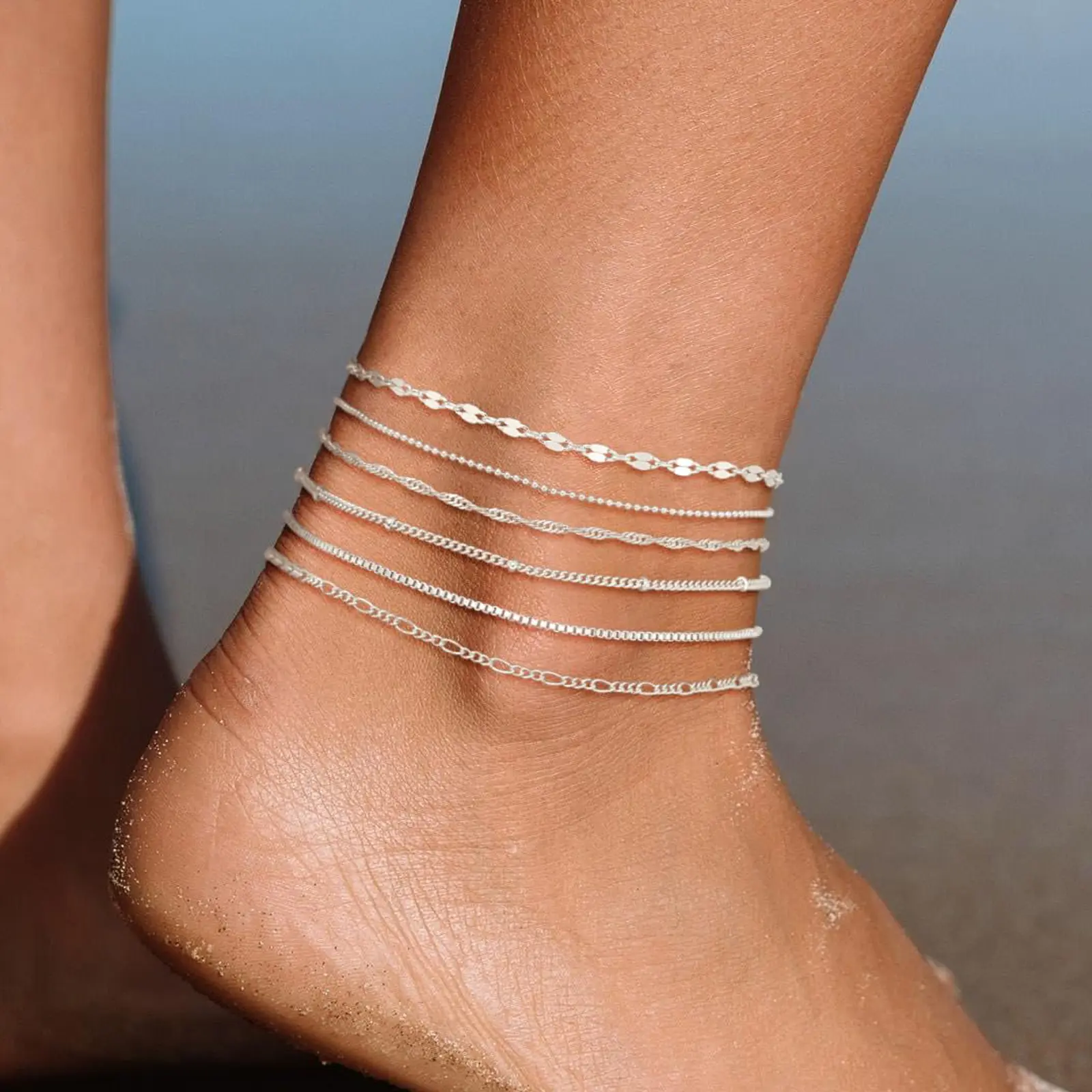 Tewiky Silver Anklet for Women Six-layer Stacked Anklet Silvery Anklet Chain Jewelry for Women Daily Beach Gifts for Girls