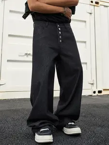 Men's Loose Fit Jeans, Full Button Denim Jeans, Simple Versatile Classic Stylish Raw Edge Wide Leg Baggy Casual Straight Leg, Silver Color Buckle, Pants