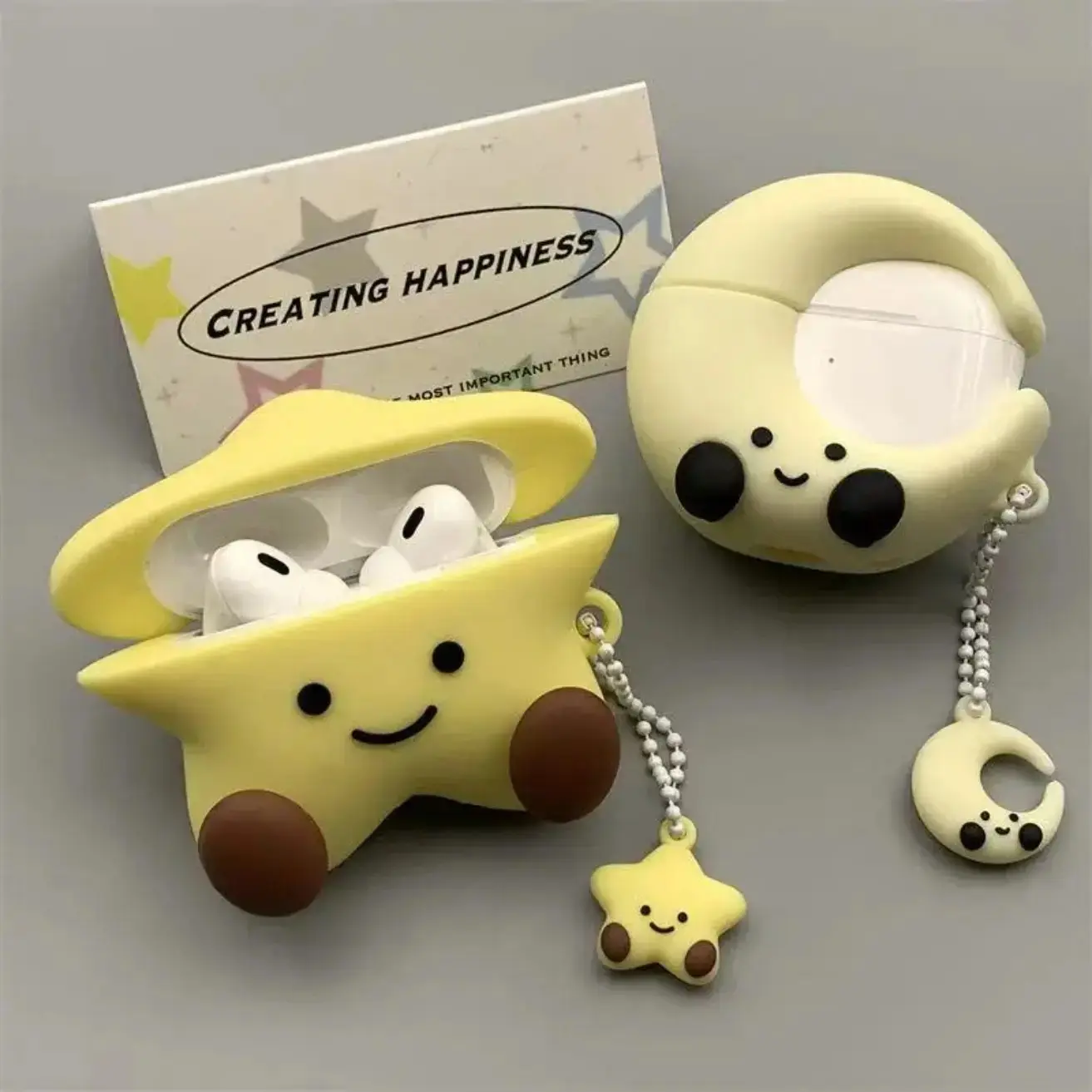 Cute Star & Moon Earbuds Case - Lightweight and Easy to Carry Aesthetic Protective Cover with Clip-On Scratch/Dust Guard, Compatible with AirPods 1/2/3/4/Pro, Trendy Tech Accessory for Girls (School, Work)
